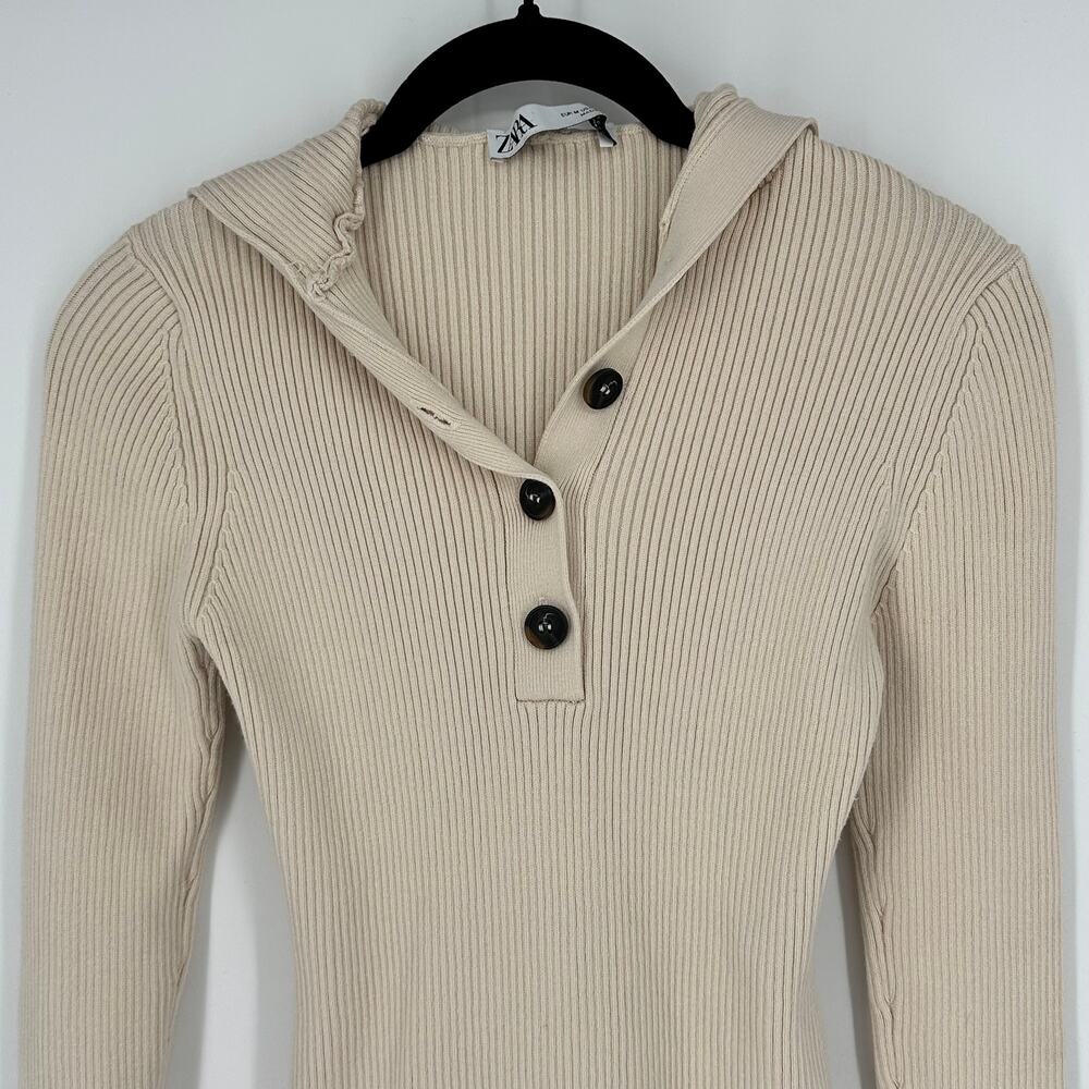 Zara Ribbed Sweater Bodysuit Cream Women’s M Hooded Henley Cottagecore Cozy